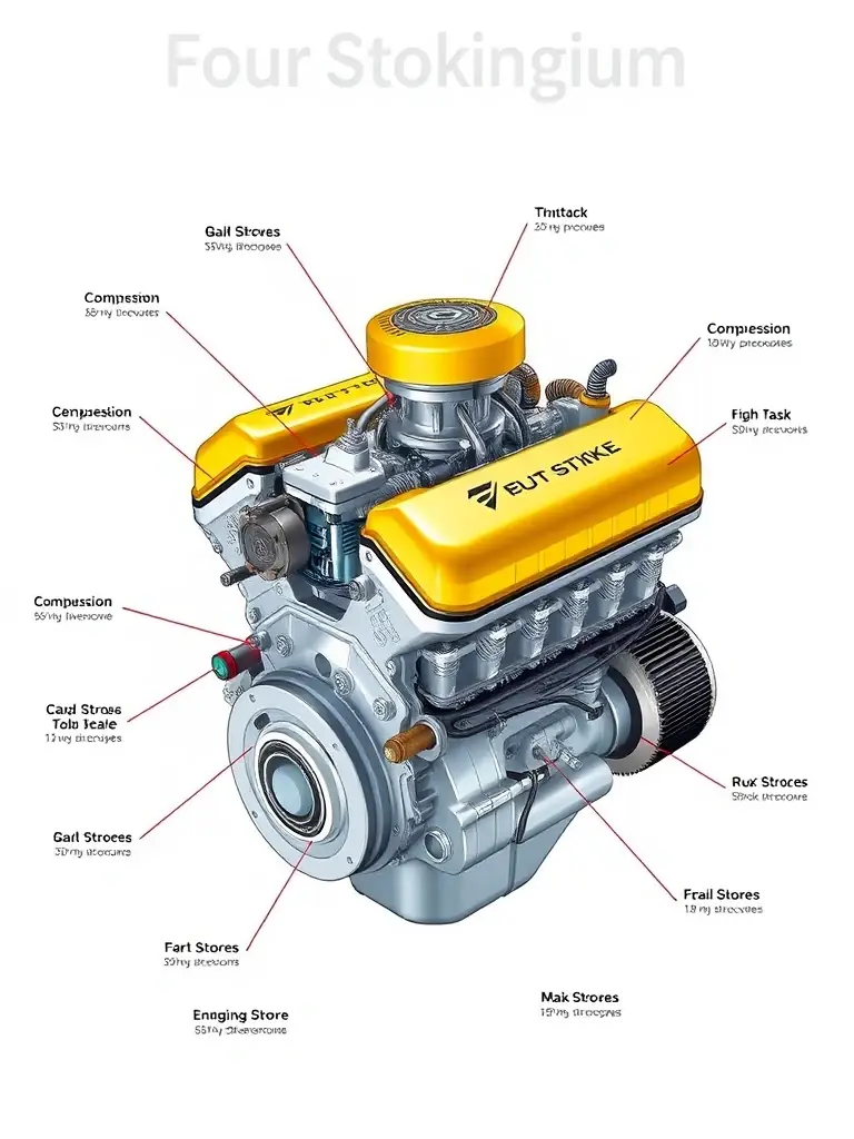 A detailed illustration of a four-stroke gasoline engine, showcasing the intake, compression, combustion, and exhaust strokes with labeled components.