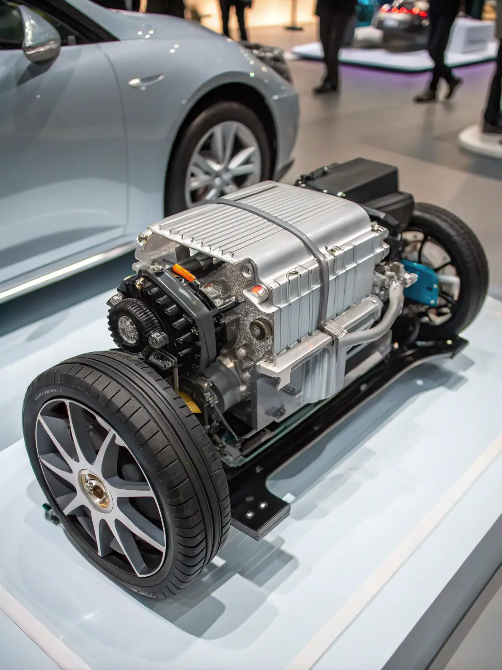 An image of an electric motor used in modern electric vehicles, focusing on the stator, rotor, and cooling system.